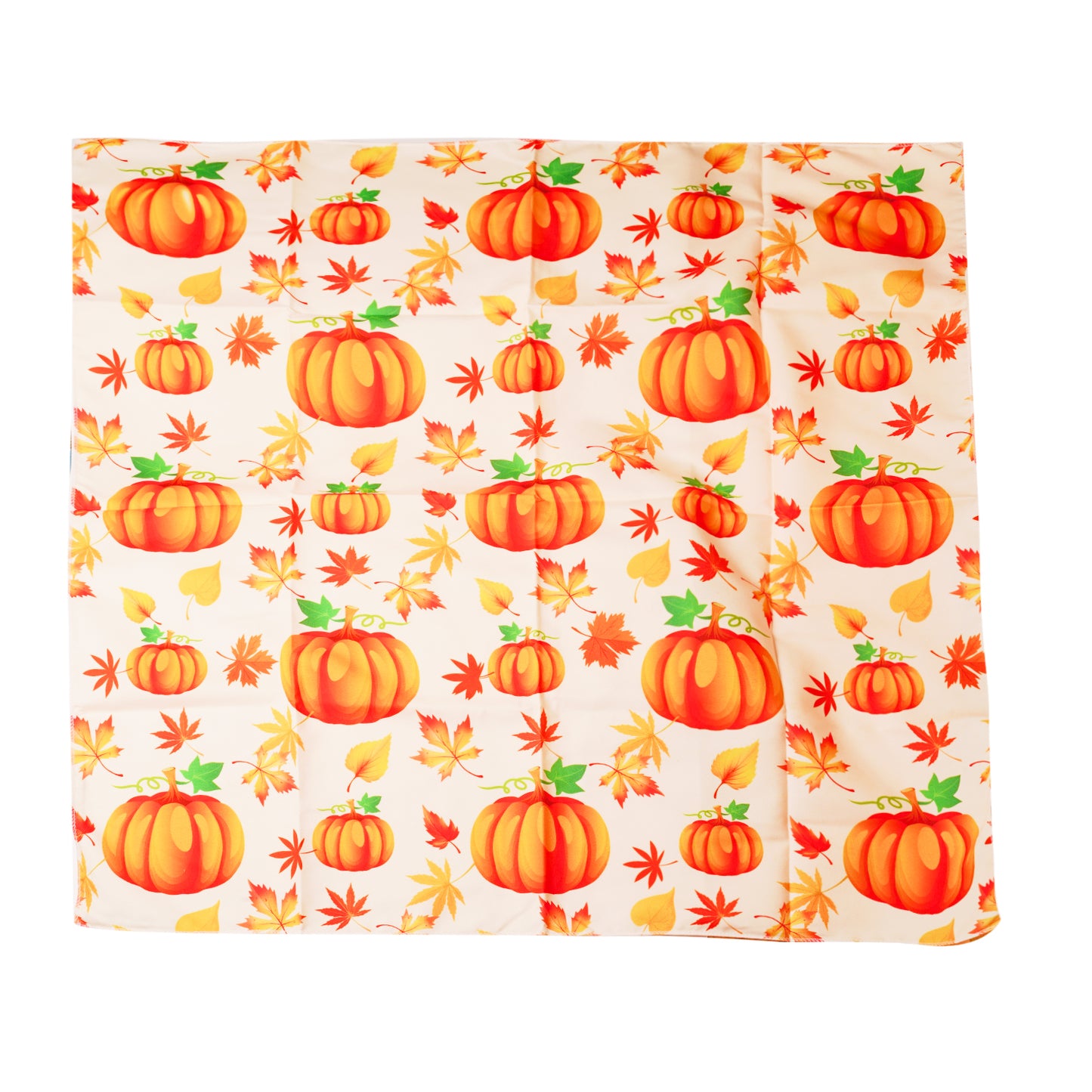 Bandana d’Halloween pour humain 56x56 cm, motif citrouilles et feuilles d’automne. Accessoire assorti au thème festif PapattesBox, idéal pour partager la magie d’Halloween avec son compagnon.