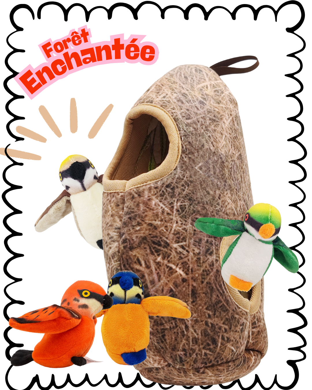 Jouet pour chien thème Forêt Enchantée : cabane en peluche effet bois avec quatre oiseaux colorés en peluche à attraper et à sortir.