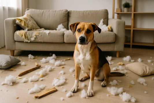 Chien qui a détruit le canapé et la maison, illustrant un comportement destructeur souvent lié à l’ennui, au stress ou au manque d’exercice.