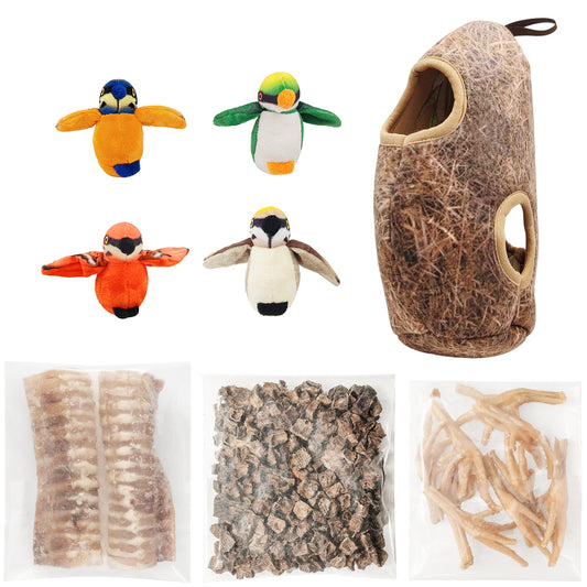 PapattesBox Forêt Enchantée – jouets en peluche thématiques oiseaux avec nichoir et friandises naturelles pour chien (trachées de bœuf, poumon d’agneau, pattes de poulet séchées)