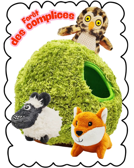 Jouet pour chien thème Forêt des complices : niche verte en peluche avec trois compagnons animaux en peluche (hibou, mouton, renard)