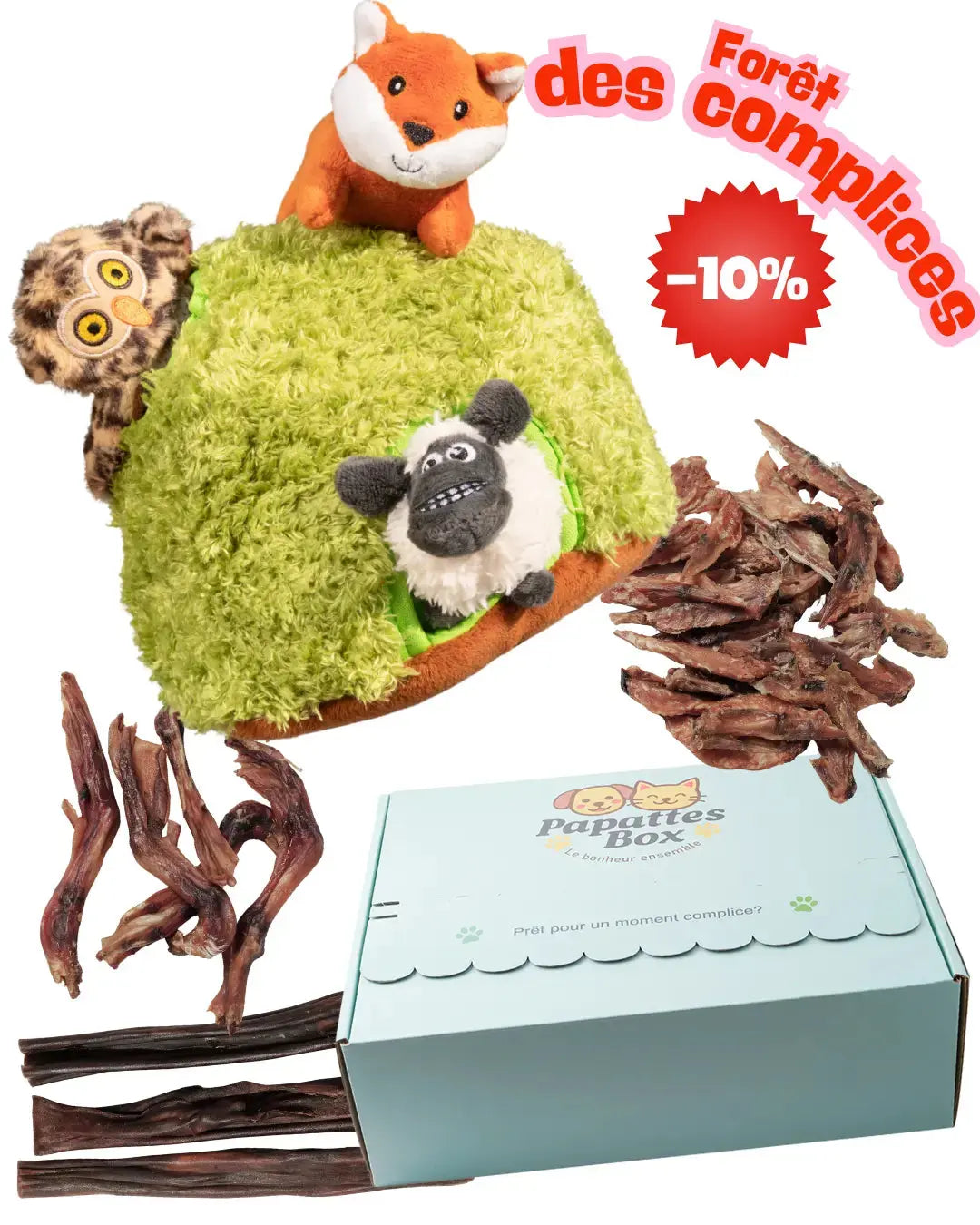 Box Forêt des Complices PapattesBox – édition spéciale Black Friday 2025 avec -10% de réduction. Coffret cadeau pour chien comprenant un jouet abri mousse avec renard, mouton et hibou en peluche, ainsi que des friandises naturelles (tendons et morceaux de viande séchée).