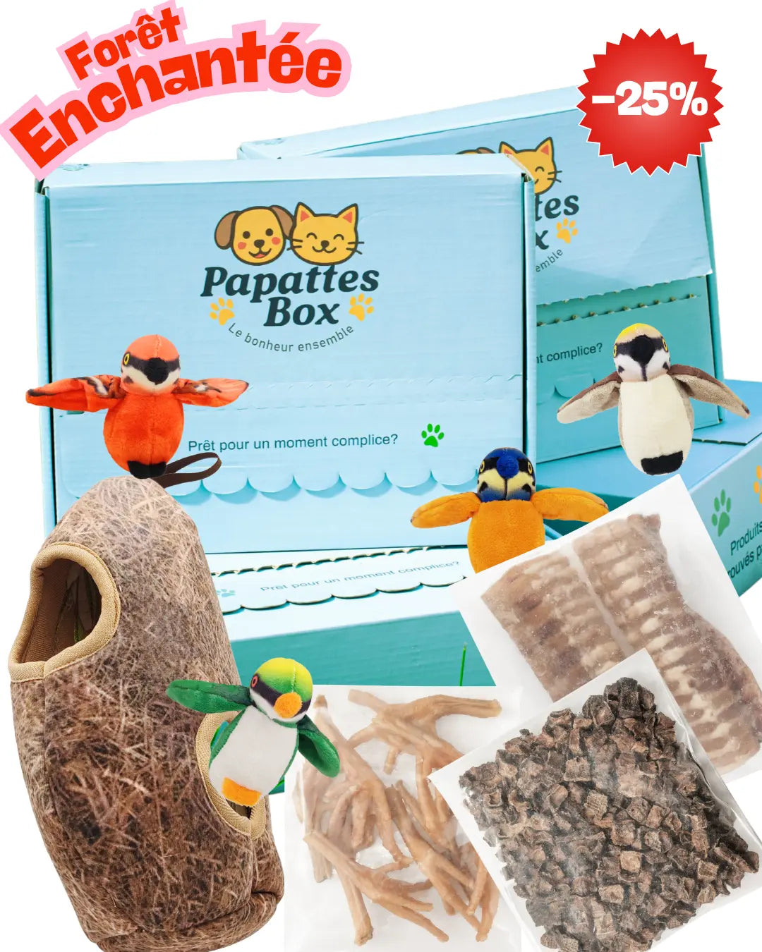 Box Forêt Enchantée PapattesBox – édition spéciale Black Friday 2025 avec -25% de réduction. Coffret cadeau pour chien et chat incluant jouets oiseaux en peluche, abri doux et friandises naturelles (pattes de poulet, peau de bœuf, cubes de viande séchée).