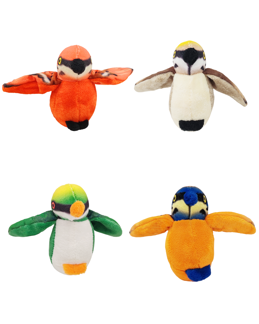Lot de quatre oiseaux colorés en peluche pour chien : rouge, jaune, vert et bleu, jouets du thème Forêt Enchantée.