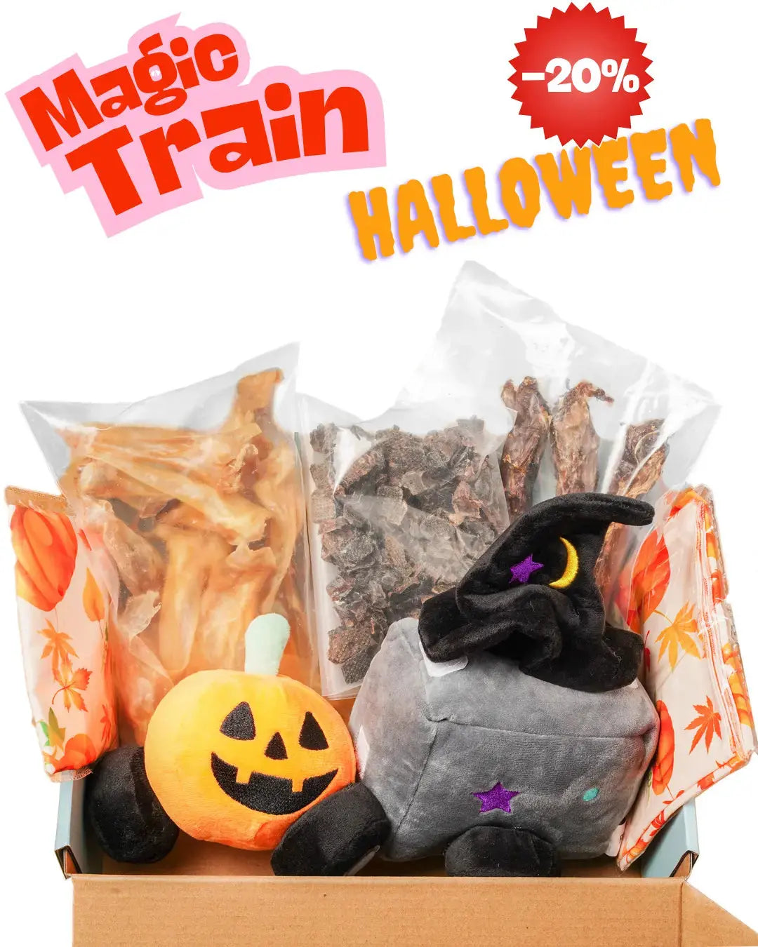 Box Halloween Magic Train PapattesBox – édition spéciale Black Friday 2025 avec -20% de réduction. Coffret cadeau pour chien comprenant un jouet train magique en peluche (citrouille et chapeau sorcier) et trois sachets de friandises naturelles : ailes de poulet, peau de bœuf et cubes de viande séchée.