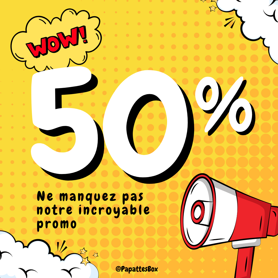 Visuel promotionnel PapattesBox Black Friday 2025 – fond jaune style pop art avec mégaphone et texte “WOW ! -50 % Ne manquez pas notre incroyable promo”.