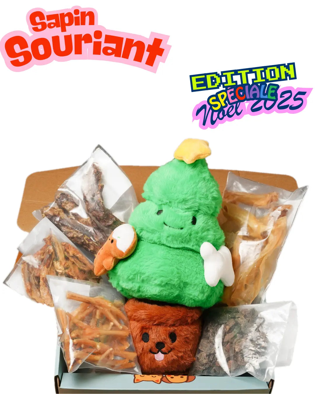 Box Sapin Souriant – Édition Spéciale Noël 2025 : jouet sapin en peluche et 5 sachets de friandises naturelles pour chien dans une PapattesBox festive.