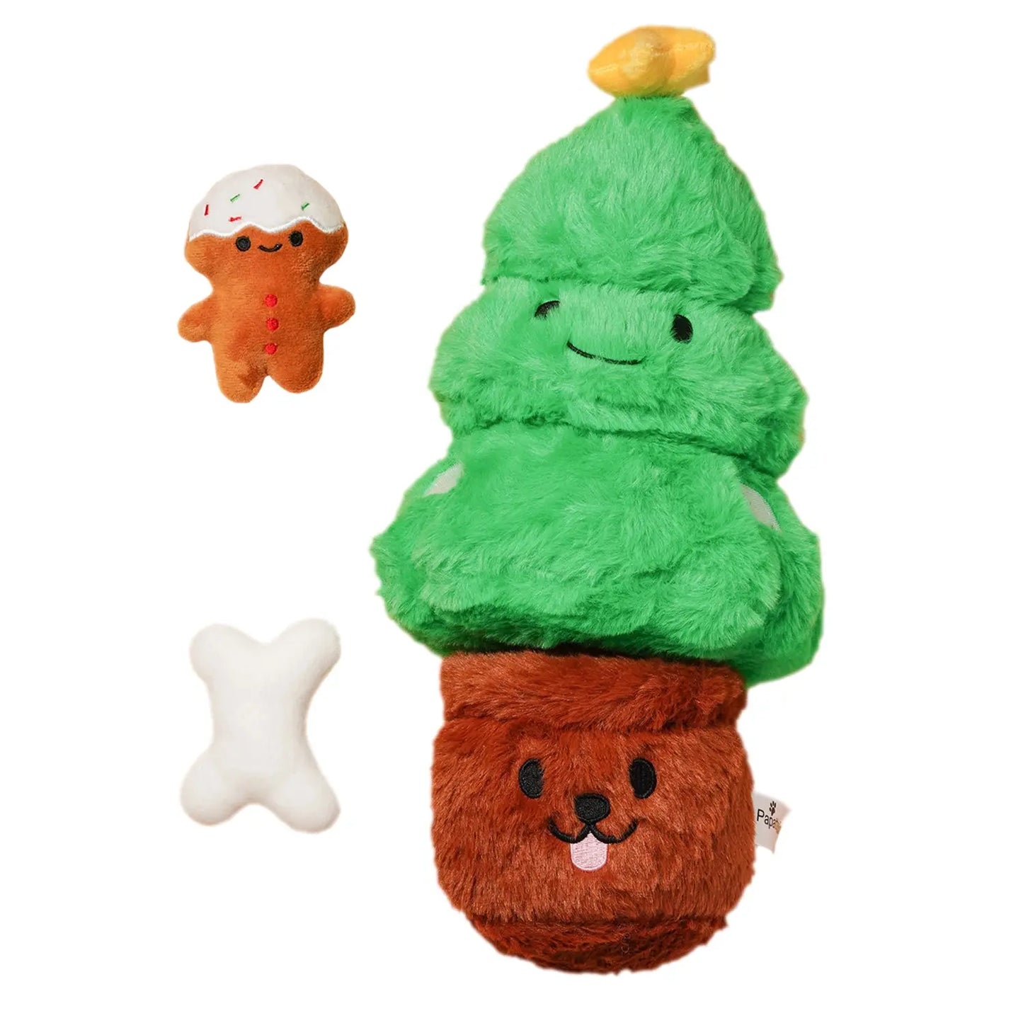 PapattesBox -  Sapin Souriant Édition Spéciale Noël. Jouet Sapin Souriant PapattesBox avec pot en peluche, accompagné d’un os en peluche blanc et d’un bonhomme pain d’épice en peluche.