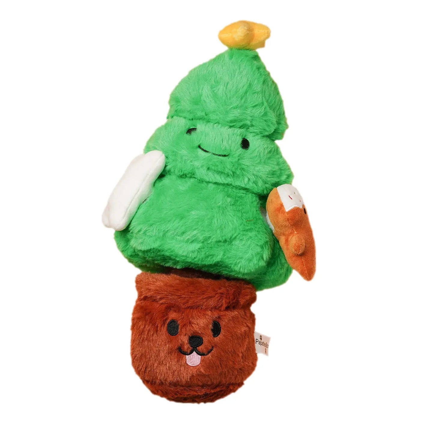 PapattesBox -  Sapin Souriant Édition Spéciale Noël. Jouet Sapin Souriant PapattesBox en peluche avec pot marron et deux décorations détachables : un os blanc et un bonhomme pain d’épice.