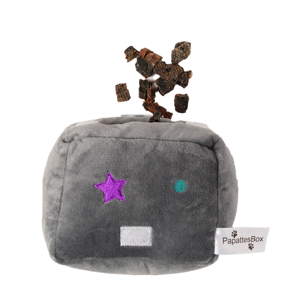 Jouet pour chien en peluche PapattesBox Halloween Magic Train — un wagon gris décoré d’étoiles violettes pouvant contenir des friandises à l’intérieur pour stimuler le jeu et l’odorat du chien.